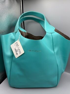 Cruciani Turquoise Tote with Gold Logo